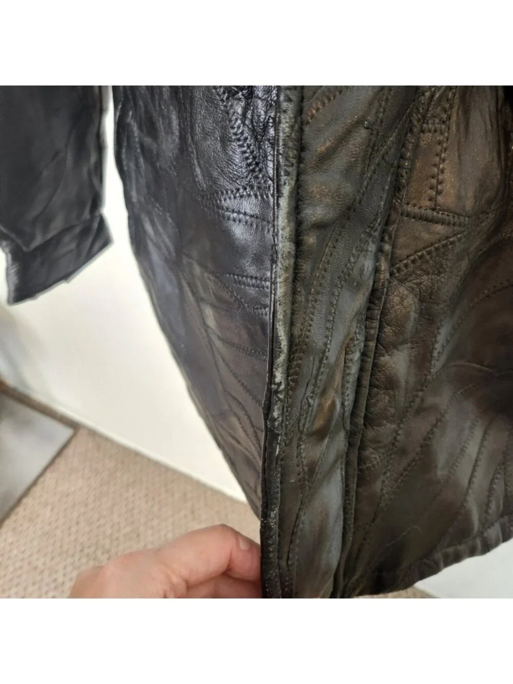 Vintage Maxam Leather Jacket 1990s Italian Mosaic Patchwork Black Zip Medium